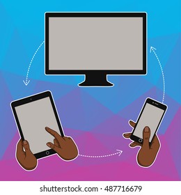 Hand keeps mobile phone, tablet. Internet cloud trends and network in mobile smartphone. Vector template of cloud service and technology network. Mobile phone and tablet in hands. Cloud technologic