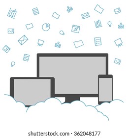 Hand keeps mobile with set icons. Presentation screen for market. Internet trends and social network in business smartphone. Vector flat illustration of cloud service and technology network. Icon hand