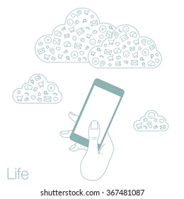 Hand keeps mobile with set icons. Presentation smartphone screen. Internet trend and social network in smartphone. Vector flat illustration of cloud service and mobile technology. Set hand character