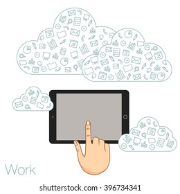Hand keeps mobile with set icons. Presentation screen for market. Internet trends and social network in business smartphone. Vector flat illustration of cloud service and technology network. Icon hand