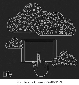 Hand keeps mobile with set icons. Presentation screen for market. Internet trends and social network in business smartphone. Vector flat illustration of cloud service and technology network. Icon hand