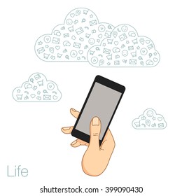 Hand keeps mobile and set icons. Demonstration touch screen of display for market. Internet social network in touch smartphone. Vector flat illustration cloud service and touch technology smartphone