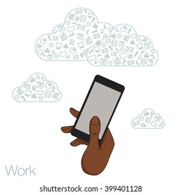 Hand keeps mobile with set icons. Presentation screen for market. Internet trends and social network in mobile smartphone. Vector flat illustration of cloud service and technology. Hand character