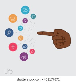 Hand keeps mobile with set icons. Demonstration touch screen of display for market. Internet trend and social network in touch smartphone. Vector flat illustration of cloud service and technology