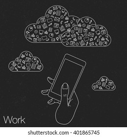 Hand keeps mobile with set icons of apps. Presentation of icons apps of smartphone. Icons of internet social network in smartphone. Vector icons apps of cloud service and mobile technology. Icons apps