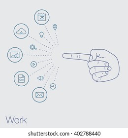 Hand keeps mobile with set icons. Demonstration touch screen of display for market. Internet trend and social network in touch smartphone. Vector flat illustration of cloud service and technology
