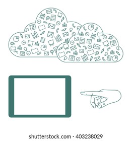 Hand keeps mobile with set icons. Presentation screen for market. Internet trends and social network in business smartphone. Vector flat illustration of cloud service and technology network. Icon hand