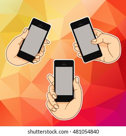 Hand keeps mobile and set icons. Demonstration touch screen of display for market. Internet social network in touch smartphone. Vector flat illustration cloud service and touch technology smartphone