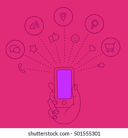 Hand keeps mobile and set icons. Banner with touch screen of display for market. Internet social network in touch smartphone. Vector minimal banner of cloud service and touch technology smartphone