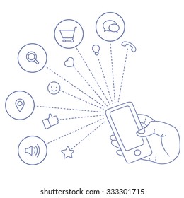 Hand keeps mobile with set of line icons. Demonstration screen for market. Internet trends, social network, search in smartphone. Vector illustration of cloud service and technology, communication 