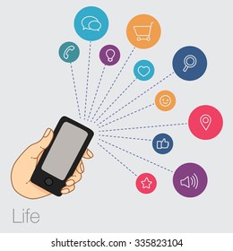 Hand keeps mobile with set of line icons. Demonstration screen of display for market. Internet trends, social network, search in smartphone. Vector flat illustration of cloud service and technology. 