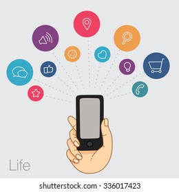 Hand keeps mobile with set of line icons. Demonstration screen of display for market. Internet trends, social network, search in smartphone. Vector flat illustration of cloud service and technology. 