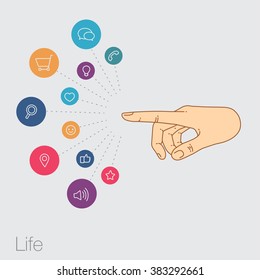 Hand keeps mobile with set of line icons. Demonstration screen of display for market. Internet trends and social network in the smartphone. Vector flat illustration of cloud service and technology.