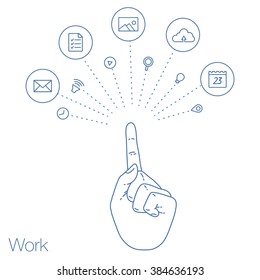 Hand keeps mobile with set of line icons. Demonstration screen of display for market. Internet trends and social network in the smartphone. Vector flat illustration of cloud service and technology.