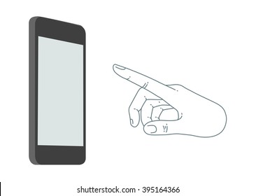 Hand keeps mobile with set of line icons. Demonstration mockup of phone for market. Internet trends and social network in the smartphone. Vector flat illustration of cloud service and technology.