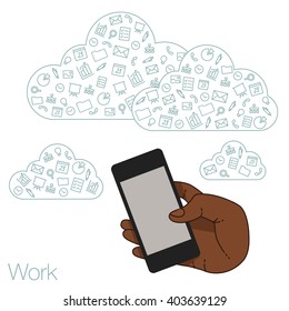 Hand keeps mobile smartphone with set icons. Smartphone screen for market. Internet trend market and social network in smartphone. Vector flat illustration of cloud service and web technology network