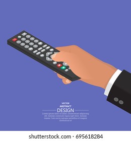 The hand keeps the remote control in a suit.The hand operates the electronic device.Isometry.3D style. Flat design. Vector illustration.