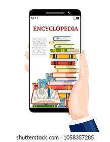 Hand keeps the smartphone with digital books. Online library concept. Read encyclopedia in web. Cartoon style design. Vector illustration isolated on white background website page and mobile app.