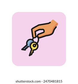 Hand with key chain line icon. Owner, house, protection. Property concept. Vector illustration can be used for topics like real estate, mortgage, rent