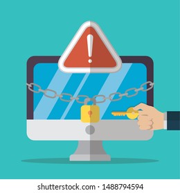 hand with key computer protection chain padlock technology internet security vector illustration