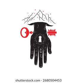 A hand and key design, along with illustrations of mountains and stars, signifies the hand's continued protection of nature