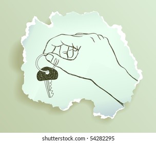 hand with key, doodle on torn paper, vector illustration