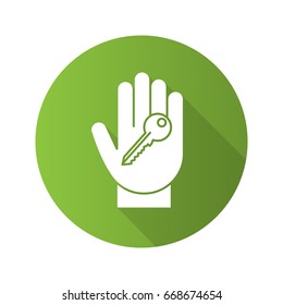 Hand with key flat linear long shadow icon. Realty purchase. Private property owner. Vector outline symbol