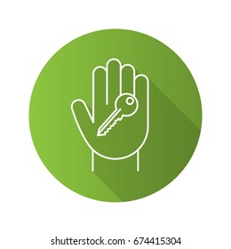 Hand with key flat linear long shadow icon. Realty purchase. Private property owner. Vector outline symbol