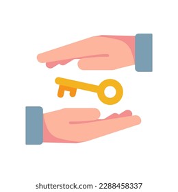 Hand with key, Give access concept illustration flat design vector eps10. modern graphic element for landing page, empty state ui, infographic, icon
