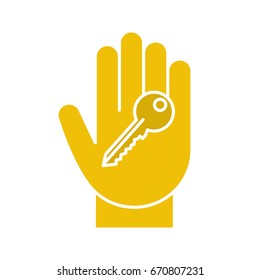 Hand with key glyph color icon. Realty purchase. Private property owner. Silhouette symbol on white background. Negative space. Vector illustration
