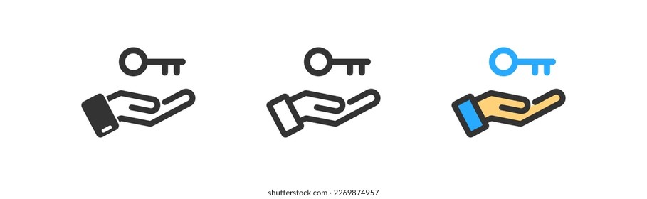 Hand with key icon on light background. Property symbol. Rent, business, private, personal, safety, key, lock. Outline, flat and colored style. Flat design. 