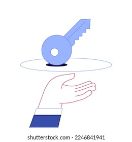Hand mit Schlüsselsymbol. Websymbol auf weißem Hintergrund. Vektorgrafik.