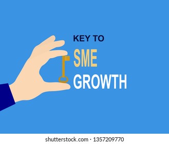 Hand with key and inscription Key to SME growth, flat design