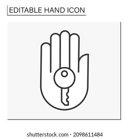  Mano con el icono de la línea clave. Llave para puertas abiertas. Accesibilidad. Concepto de mano. Ilustración vectorial aislada. Trazo editable