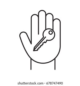 Hand with key linear icon. Thin line illustration. Realty purchase. Private property owner. Contour symbol. Vector isolated outline drawing