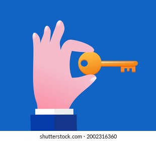 Hand mit einem Schlüssel auf dunkelblauem Hintergrund. Flache Vektorgrafik