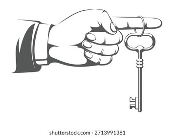 Hand mit Schlüssel auf Zeigefinger. In Retro-Gravur gezeichnet, Vektorgrafik