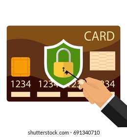 A hand with a key opens a credit card. Flat design, vector illustration, vector.