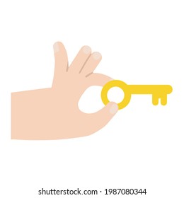 Hand with key. Palm holding or giving a yellow object. Modern trendy flat cartoon illustration isolated on white