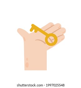 Hand with key. Palm holding or giving a yellow object. Modern trendy flat cartoon illustration isolated on white