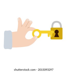 Hand with key. Palm holding or giving a yellow object. Modern trendy flat cartoon illustration isolated on white. Closed lock and keyhole. Metaphor of Hint and unlock.