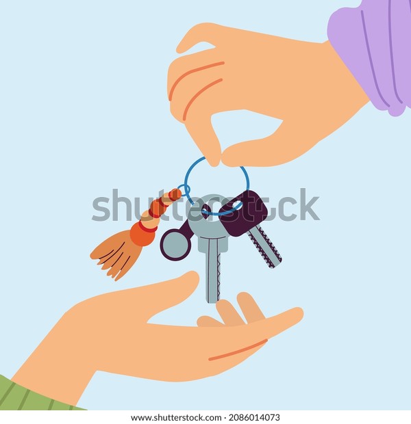 Hand with key. Renting car or
house, hand give keys to over person. Buying property or sell
vehicle. Sharing auto or apartment service, decent vector
concept