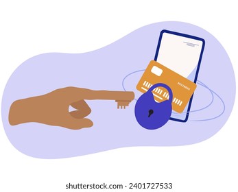 Hand with key that unlocks access to bank card and phone. Concept of data security, online payment.