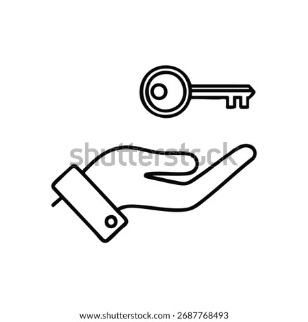 Hand with Key Unlocking Opportunity. This minimalist graphic illustrates gaining entry, a crucial remedy, or new possibilities. Perfect for concepts of ownership, protection, or accomplishment.