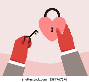 Hand with a key unlocks the lock in the form of a heart. Isolated on white background.