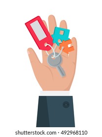 Hand with key vector in flat style design. Key from house with tag in man hand. Buying new living. Illustration for real estate company advertising, housing concepts. Isolated on white background.