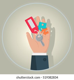 Hand with key vector icon in flat style design. Key from house with tag in man hand. Buying new living. Illustration for real estate company advertising, housing concepts.