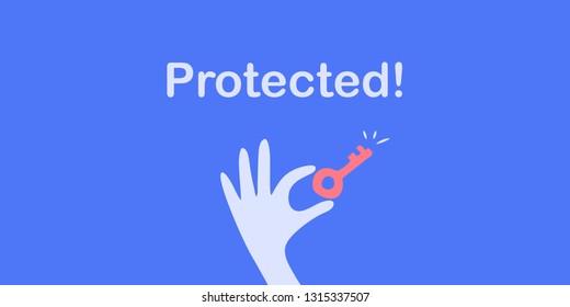 Hand with key and word "Protected" on colorful background. Concept of privacy, security, protection and pass, password. Flat vector on colorful background. 