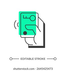 Hand with keycard offset shadow line icon. Access to private areas. Magnetically encoded data. Security tool. Bold outline symbol with solid green fill. Modern flat illustration. Editable stroke
