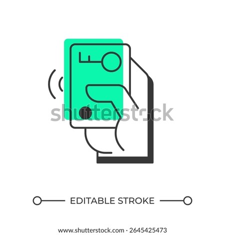 Hand with keycard offset shadow line icon. Access to private areas. Magnetically encoded data. Security tool. Bold outline symbol with solid green fill. Modern flat illustration. Editable stroke